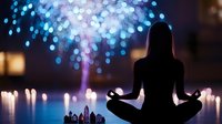 Young woman silhouette in lotus meditation pose against glowing blue bokeh lights and candles creating peaceful atmosphere for mindfulness practice and relaxation.
