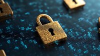 Golden padlock on digital binary code background with dramatic lighting and shallow depth of field, representing cybersecurity and data protection concepts.