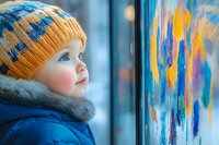 Young child in winter hat and blue coat gazes with wonder at colorful abstract art display through window, capturing innocent curiosity and artistic exploration.