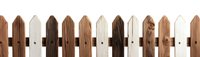 Wooden picket fence row in various brown and beige tones showing natural wood grain texture and weathered finish, isolated on white background for design projects.