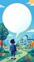 Young student with dark hair and medium skin tone wearing blue backpack standing in schoolyard with large speech bubble above, surrounded by colorful autumn trees, school building, and cityscape for educational communication designs.