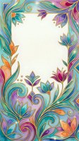 Colorful watercolor floral frame with gold outlines, swirling leaves and blooms in teal, purple, and orange, with a white center for text.