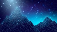 Digital mountain landscape with glowing network connections and geometric wireframe design for technology and data visualization concepts.