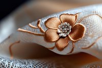 Delicate copper flower embroidered on white lace fabric, macro photography showing intricate textile details and metallic thread embellishment in warm tones.