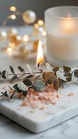 Spa wellness scene with burning candle, eucalyptus leaves, pink himalayan salt crystals on marble tray with warm bokeh lights creating relaxing atmosphere.