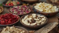Traditional Chinese herbal medicine ingredients displayed in rustic wooden bowls, perfect for wellness, alternative medicine, and holistic healing concepts. Close-up view shows dried flowers and roots