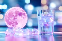 Glass of cold drink with ice cubes against pink full moon and blurred bokeh lights background in dreamy purple and blue tones. Magical nighttime atmosphere.