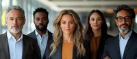 Diverse business team of professionals standing together in modern office hallway, showcasing leadership, collaboration and workplace diversity.