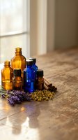Essential oil bottles with lavender and chamomile herbs on wooden table near window for aromatherapy wellness and natural skincare treatments.
