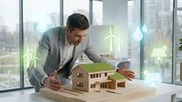 Architect or engineer male, South Asian ethnicity, examining sustainable wooden house model with glowing green energy icons including wind turbines and water drops in modern office with city skyline, representing renewable energy and eco-friendly building design.
