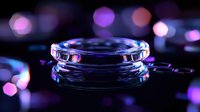 Glowing glass jar lid with purple and pink bokeh lights on dark background creates magical atmosphere for product photography and design projects.