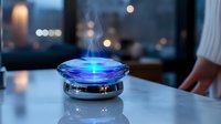 Modern ultrasonic aroma diffuser with blue LED light emitting steam on reflective surface against blurred evening background creates calming atmosphere.