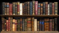 Vintage leather-bound books with ornate gold lettering and decorative spines arranged on wooden shelves, creating nostalgic library atmosphere for collectors and readers.