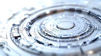 Futuristic circular technology pattern with concentric rings and digital elements in silver metallic finish on light background, modern tech concept.