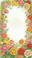 Watercolor ranunculus floral frame with pink, yellow, orange blooms and green leaves surrounding a soft white oval center for text.