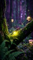 Glowing firefly on moss-covered tree branch in enchanted forest with magical bokeh lights and ferns creating mystical fairy tale atmosphere at night.