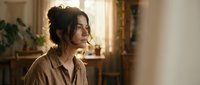 Young Asian woman in brown shirt sitting thoughtfully in warm sunlit kitchen interior with plants and wooden furniture creating cozy domestic atmosphere.