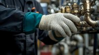Professional plumber wearing protective gloves working on pipe system maintenance and repair in industrial facility, close up view of hands during installation.