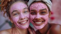 Two diverse young women wearing pink clay face masks smile together during spa skincare treatment, representing friendship, self-care and beauty wellness routines.