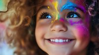 Young mixed race girl with curly hair smiling brightly, face painted with vibrant rainbow colors, close-up portrait showing pure joy and childhood happiness.