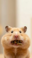 Golden hamster holding food in mouth against neutral beige background, displaying characteristic cheek pouches filled with seeds and grains for storage and feeding purposes.