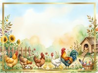 Watercolor farm scene with roosters, hens, and chicks among sunflowers and wildflowers, bordered by golden frame. Ideal for farmhouse decor, greeting cards, and rustic design projects.