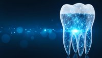 Digital tooth with glowing blue network connections on dark background for dental technology and healthcare innovation concepts.