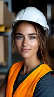 Young female construction worker wearing white safety helmet and orange high visibility vest smiles confidently at warehouse workplace. Professional portrait with soft lighting.