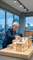 Senior female architect with blonde hair and glasses examining wooden house model in modern office with city skyline view, reviewing sustainable residential design plans.