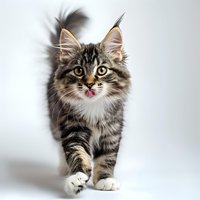 Playful Maine Coon kitten with tongue out standing on white background, long fluffy fur and distinctive ear tufts. Isolated studio portrait for pet and animal designs.