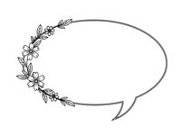 Hand drawn floral speech bubble with delicate flowers and leaves outline on white background for wedding invitations and greeting cards.