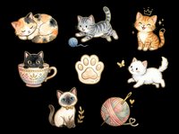 Cute cats collection with sleeping tabby, playful kitten with yarn ball, orange ginger cat, black cat in teacup, paw print, white kitten, siamese cat, and yarn ball. Isolated on transparent background, ready for t-shirts, stickers, clipart, sublimation, and print-on-demand designs.