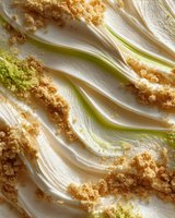 Creamy dessert with swirls of white frosting, green sauce, and golden crumble topping, showcasing elegant culinary artistry.