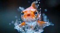 Curious orange goldfish swimming in aquarium with water bubbles and splashes, macro close up view showing detailed facial expression and bright eyes against dark background.