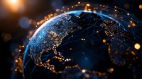 Glowing Earth view from space showing North America city lights with digital connection lines and particles. Global network concept for telecommunications.
