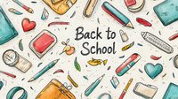 Colorful hand drawn school supplies pattern with pencils, books, hearts and text on white background. Seamless repeat design for educational materials and stationery.