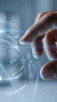 Hand touching futuristic holographic interface with AI artificial intelligence display and digital technology elements for innovation concepts.