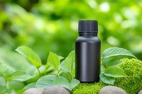 Black essential oil bottle on stones surrounded by fresh green leaves and moss in natural sunlight, wellness and aromatherapy concept.