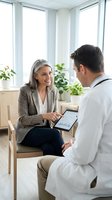 Smiling middle-aged Caucasian woman consulting with a male doctor reviewing medical data on a tablet in a bright clinic office.