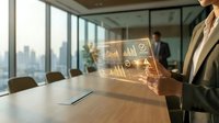 Professional businesswoman using holographic digital interface with data analytics in modern conference room overlooking city skyline at sunset.