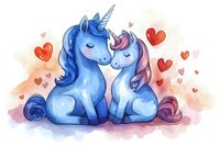 Romantic unicorn couple in blue and purple watercolor style with red hearts background, magical fantasy creatures showing tender affection and love.