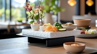 Fresh salmon sashimi served on modern white textured platter with traditional accompaniments and pink orchid decoration in upscale Asian restaurant setting.