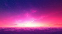 Vibrant pink and purple sky with glowing horizon over mystical cloud formations, creating dreamy atmospheric scenery with stars twinkling in cosmic space.