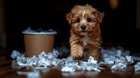 Mischievous brown Maltipoo puppy playing with torn paper tissues on dark wooden floor, coffee cup in background creating cozy home atmosphere.