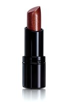 Metallic copper-colored lipstick in black tube isolated on white background with reflection, ready for cosmetic advertising and beauty product marketing.