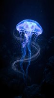 Luminous blue jellyfish floating in dark ocean depths with glowing tentacles and bioluminescent particles creating mystical underwater atmosphere.