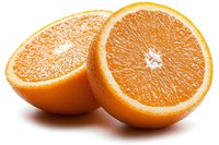 Fresh juicy orange cut in half showing detailed pulp texture and bright citrus flesh on white background, isolated food photography for healthy eating concepts.