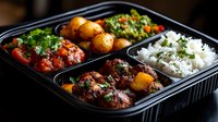 Appetizing meal prep container with spicy chicken, steamed rice, roasted potatoes and fresh vegetables garnished with herbs in black compartment box.