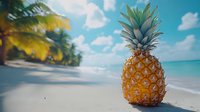 Fresh pineapple on pristine white sand beach with turquoise ocean and palm trees. Tropical vacation concept for summer travel and exotic fruit themes.