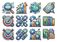 Analytics and business growth concept with magnifying glass, charts, global markets, and strategic planning tools for corporate development and data analysis.